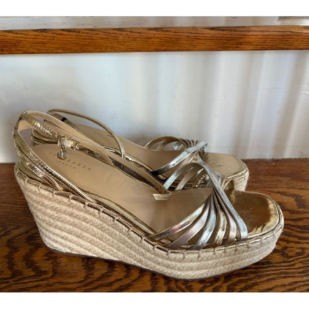 Ted Baker London Metallic Gold Silver Espadrille Wedge Sandals Strappy Heel